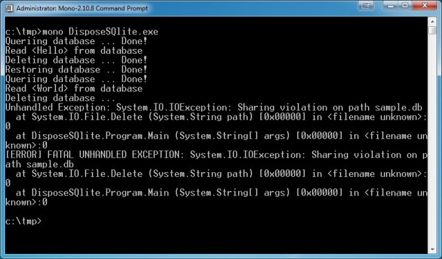 IO Exception thrown when sample project is run on mono