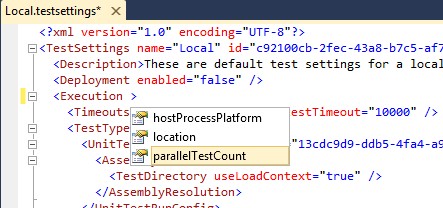 screenshot of testsettings in XML editor showing parallelTestCount attribute in Execution tag