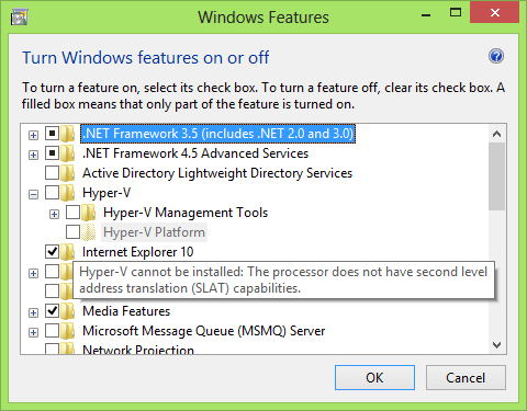 Turn Windows features on or off with Hyper-V platform grayed out