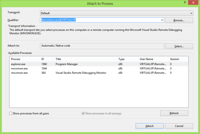 Attach to process on remote machine