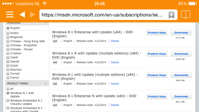List of available downloads on MSDN subscription