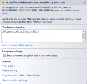 An exception of type 'System.AccessViolationException' occurred